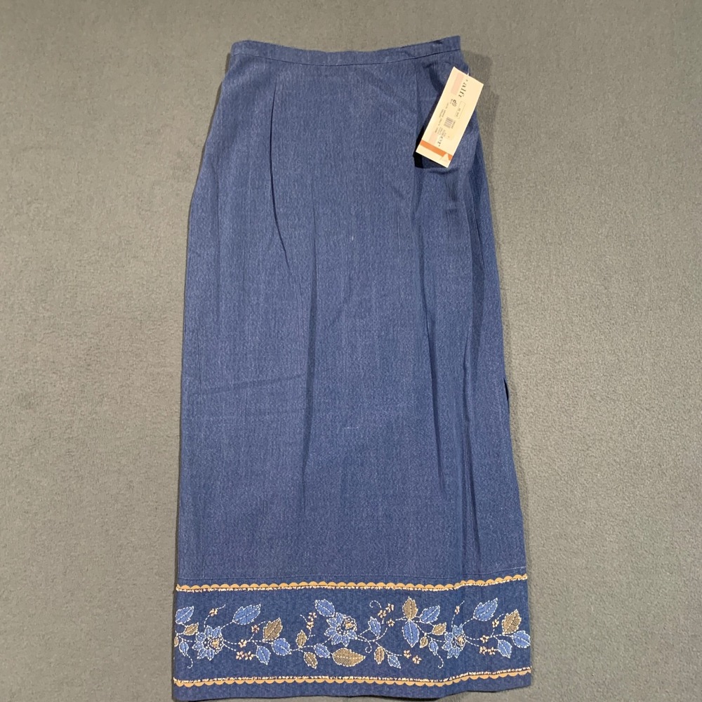 Vintage Cottage Maxi Skirt Size‎ 6P Denim Blue Floral Beaded Embroidered Western